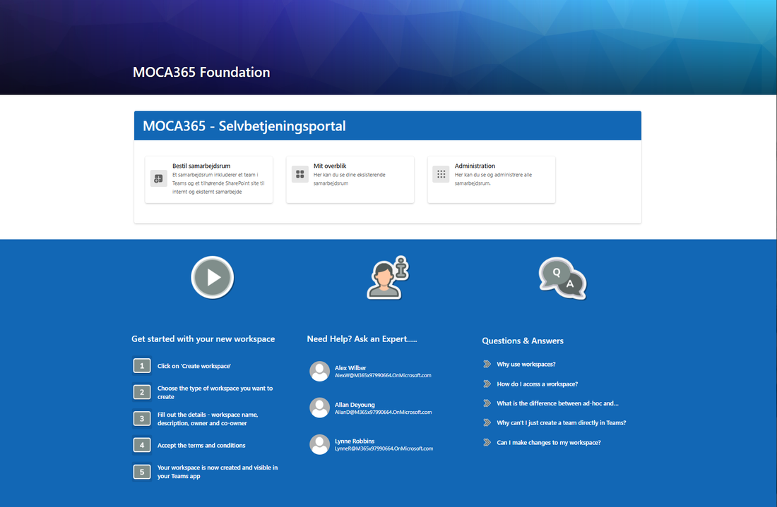 The MOCA365 Foundation self-service portal, where users request and create governed workspaces